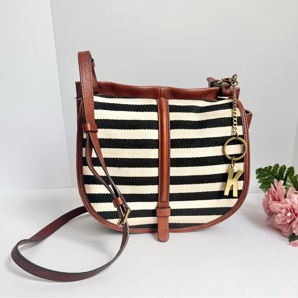 FOSSIL Brown Leather Striped Woven Canvas Flap Saddle Crossbody Bag